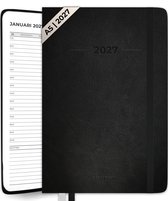 Zwarte A5 agenda met 'A5 | 2027' opdruk, een elastische sluiting en een jaaroverzicht voor 2027.