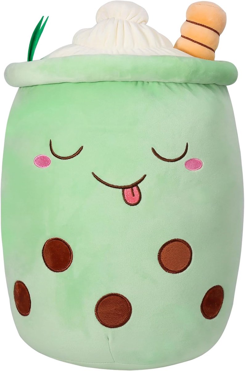 Bubble Tea Kawaii Pluche dier, 35 cm, schattige pluche dieren voor meisjes en jongens, pluche speelgoed voor kinderen en volwassenen (groen)