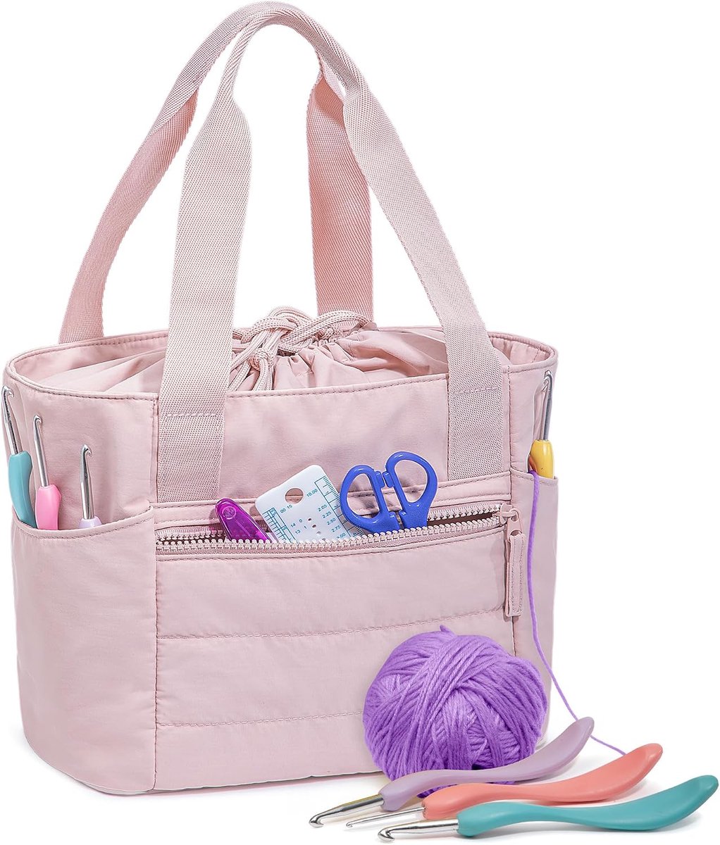 Kleine breitas, opbergzak voor puffergaren, gehaakte tas met trekkoord voor garenstrengen en haakbenodigdheden, roze