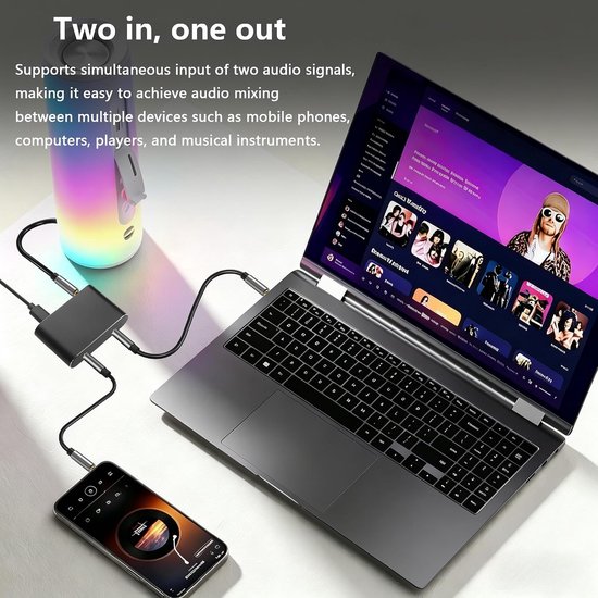 3,5 mm stereo audio-mixer 2-in-1 out 3,5 mm stereo mini-audio-mixer met 5 m USB-oplaadkabel voor laptops, mobiele telefoons, hoofdtelefoons, luidsprekers enz — afbeelding 2