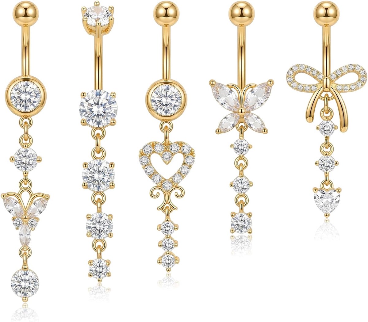 5 Stuks Navelpiercing Set, Langwerpige Stijl, Verguld Rvs, Hart Strik