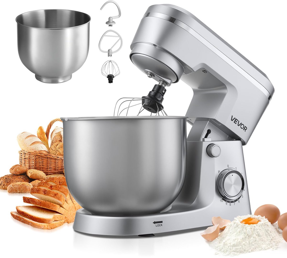 SnelShoppen - Professionele Staande Mixer Keukenmachine 1500 W met Roestvrijstalen Kommen 4,2 + 5,7 L, Deeghaak, Garde, Verstelbare Zwenkfunctie, 10 V