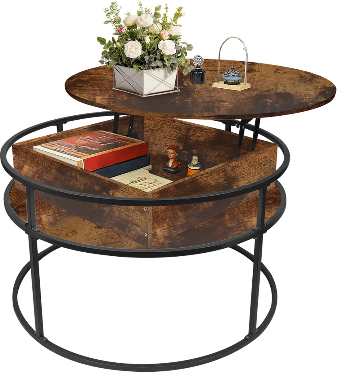 PIPIPOXER-Salontafel –Salontafel in hoogte verstelbaar - woonkamertafel met hefplaat - Salontafel rond - Table basse de salon - Kleine Tafel - Salontafels - Diameter 60 x 60 cm - bruin