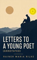 Boekomslag van 'Letters to a Young Poet' met een silhouet van een man die op een klif schrijft onder een gele cirkel.