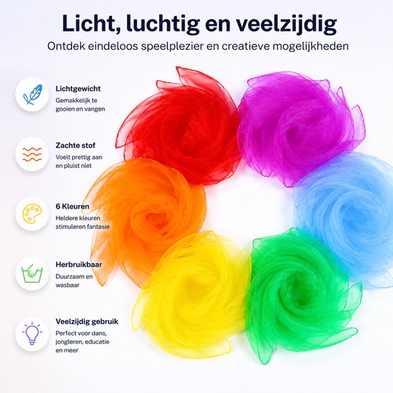 Zes gekleurde sjaals (rood, paars, blauw, groen, geel, oranje) gerangschikt in een cirkel op een witte achtergrond. Lichtgewicht, zachte stof, 6 kleuren, herbruikbaar.