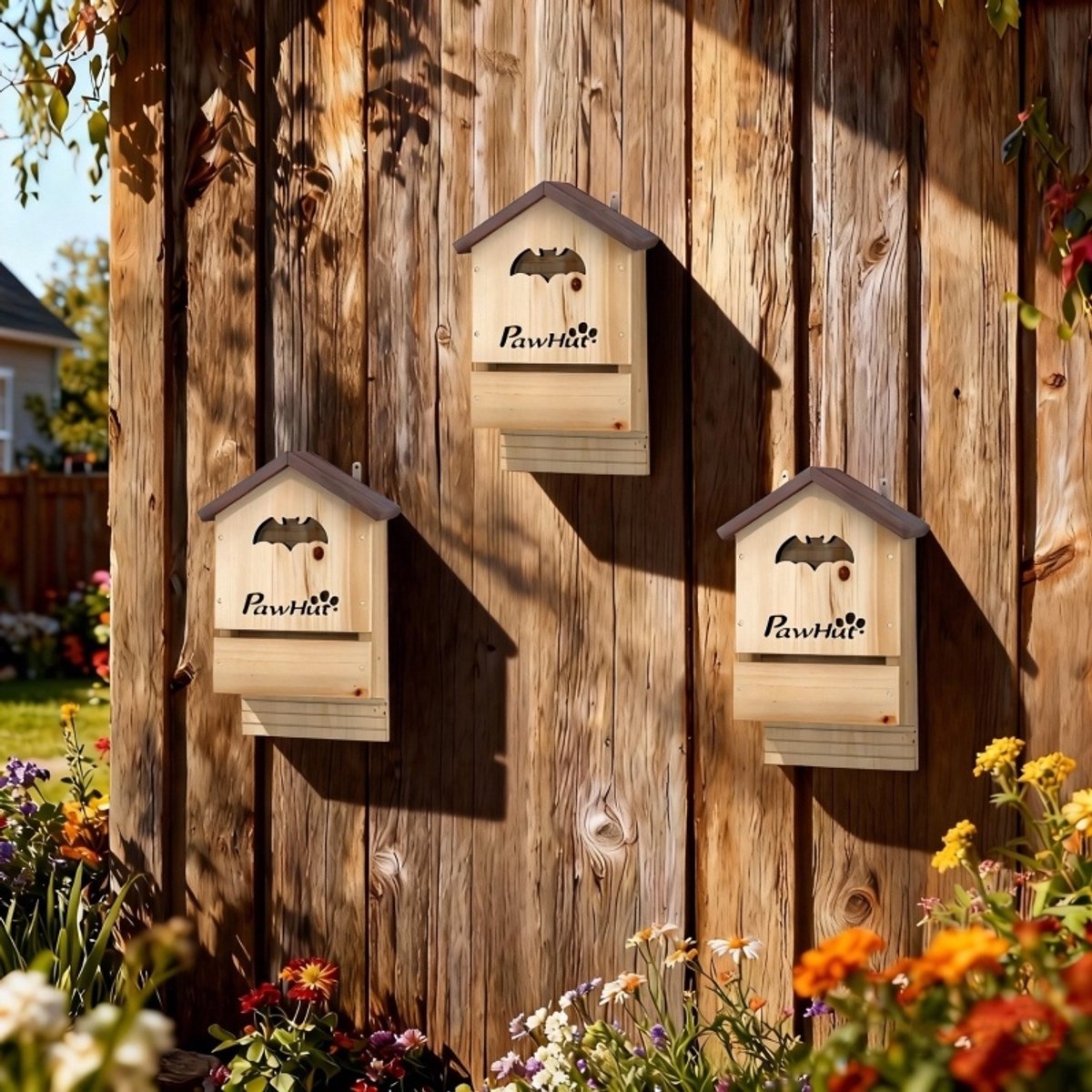 REDOM- Vleermuiskast 3-delig - Wandmontage - Dubbele kamers - Ophangbaar voor tuin - Dennenhout - Natuurlijke houtkleur - 21,5 x 11,5 x 34 cm