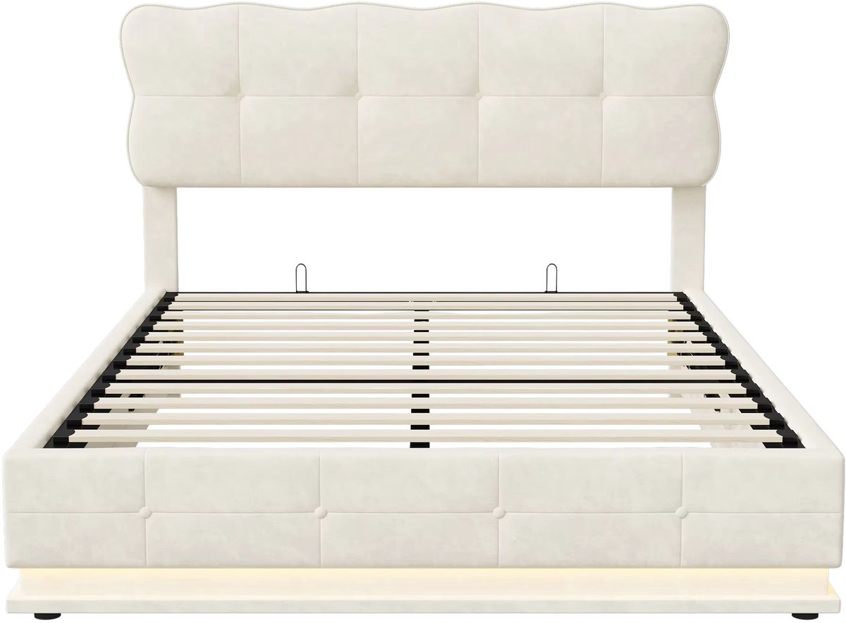 Happiq Opbergbed 140x190 cm Beige - met LED Verlichting, Opbergruimte