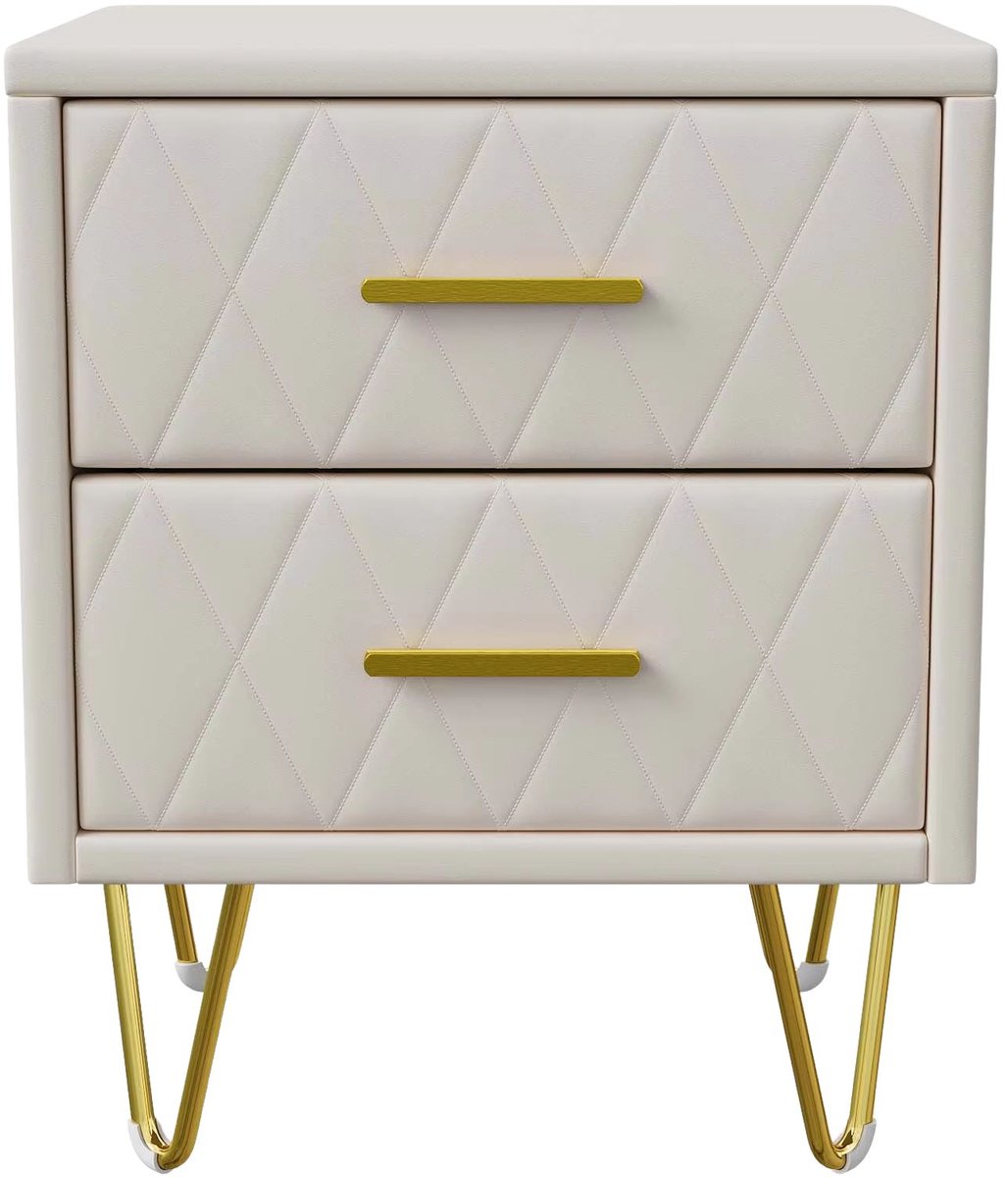 Happiq Nachtkastjes 2-delige Set - 2 Lades, PU Zachte Bekleding, Goudkleurige metalen Poten - Beige - 41 x 35,5x51 cm