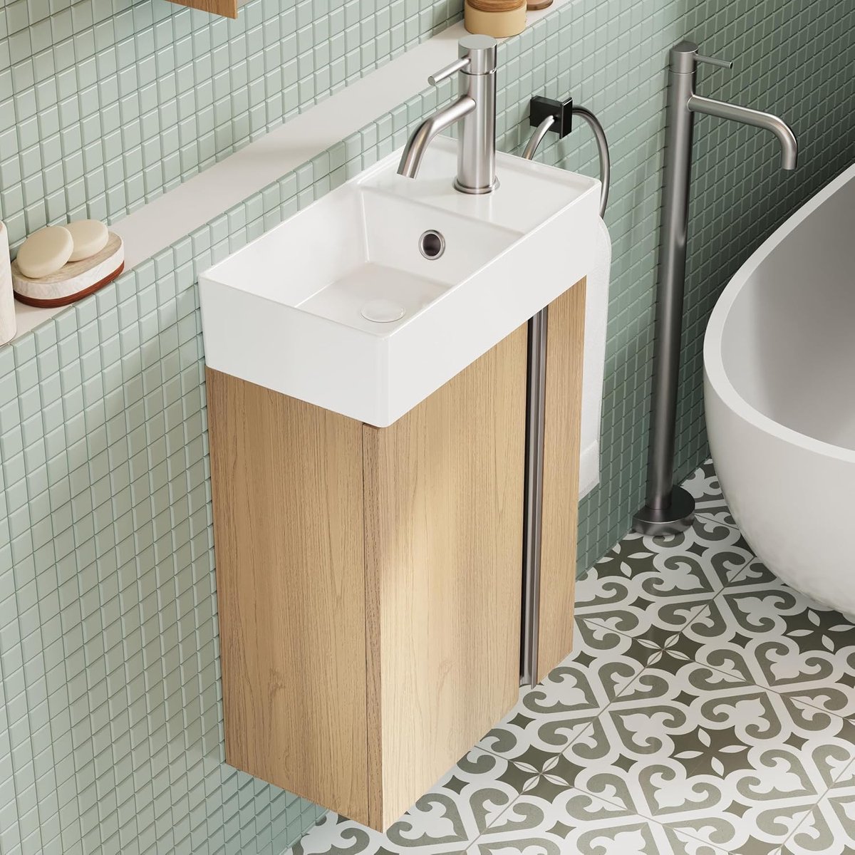SnelShoppen - 40cm Badkamerkast met Wastafel – Kleine Wastafelkast met Opbergruimte voor Gastentoilet, Ruimtebesparend, Gouden Zand