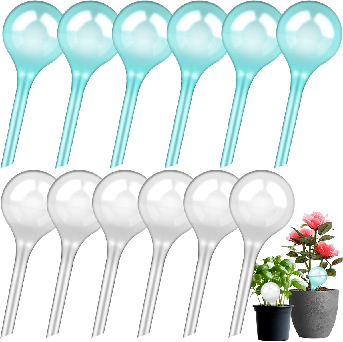 SnelShoppen - Pack van 12 Kleine Planten Irrigatieballen 13 x 5 cm Transparante PVC + Blauwe Automatische Zelfwaterende Ballen voor Potplanten
