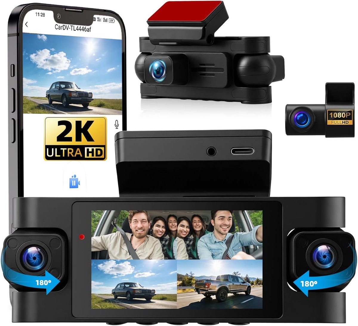 SnelShoppen - 4-kanaals spiegel dashcam met 2K + 1080p resolutie, 3 inch display, G-sensor, loop-opname, infrarood nachtzicht, parkeerhulp, GPS/WLAN-a