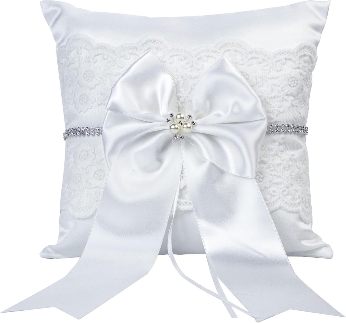 Elegante Ringkussen voor Trouwringen - Decoratieve Witte Ringhouder 20 x 20 cm met Strik en Kunstparels voor Bruiloften en Ceremonies