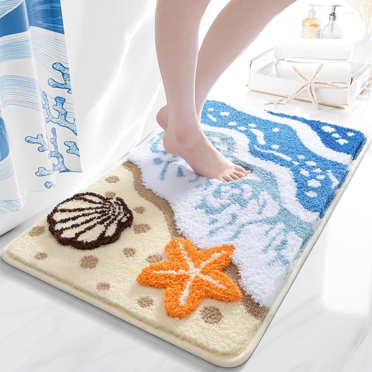 SnelShoppen - Badkamertapijt Oceaanmotief Antislip - Zachte Badmat met Strandontwerp - Absorberend en Sneldrogend - Blauw-Beige - Voor Bad, Douche en