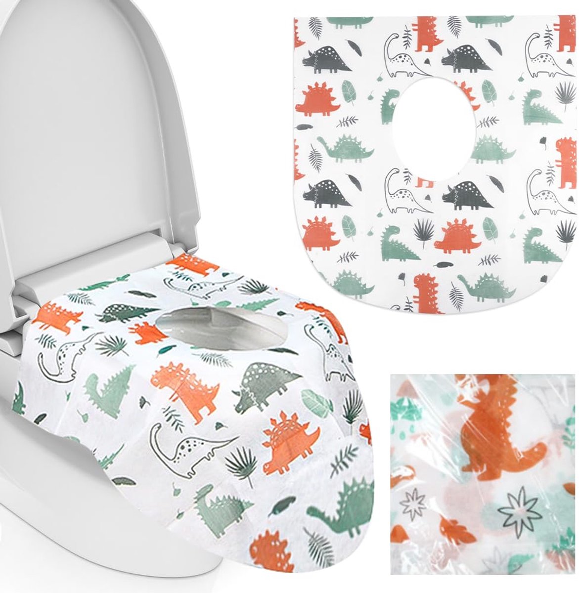 SnelShoppen - 24 Stuks Wegwerptoiletcovers Voor Kinderen & Volwassenen - Wasbare Papieren Toiletbril Bescherming - Dinosaurus Design - Hygiënisch en V