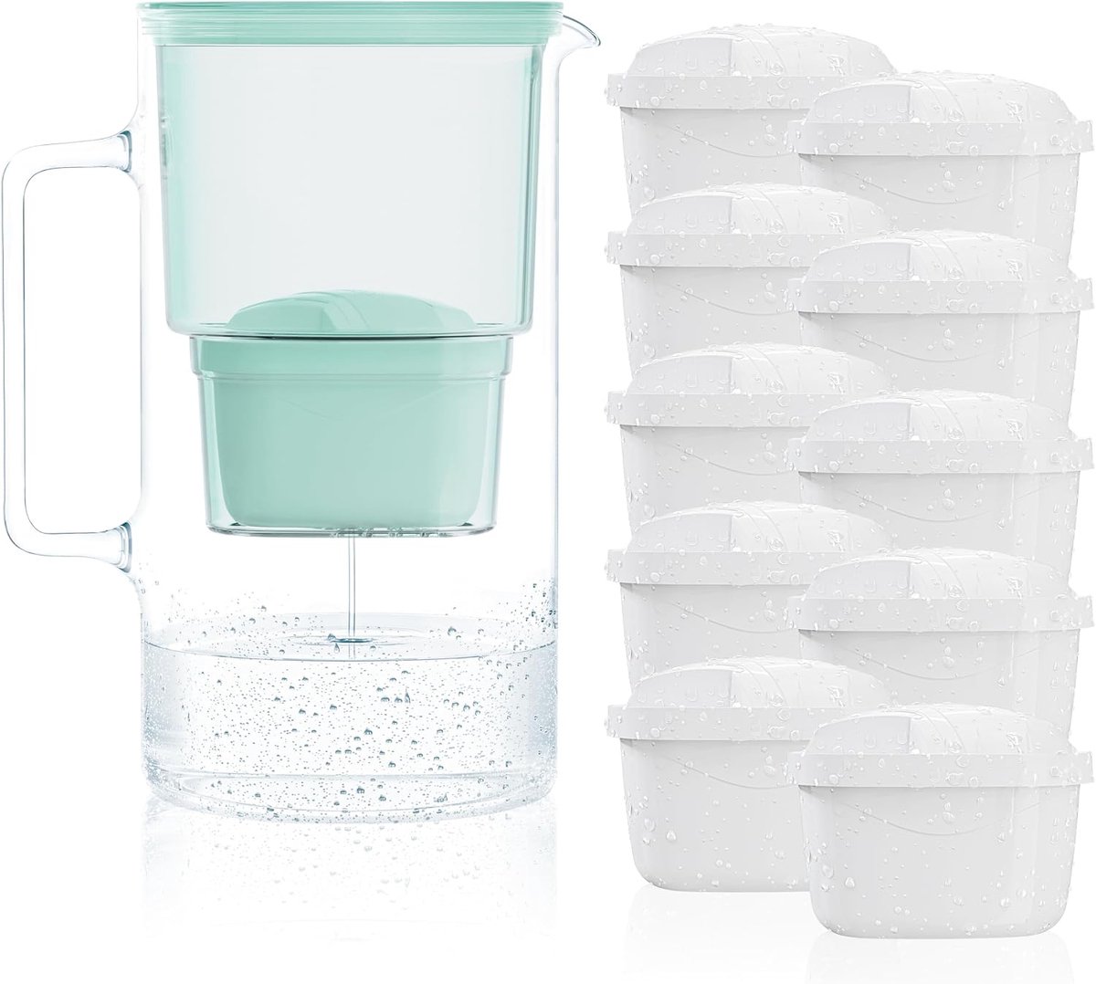SnelShoppen - 3-in-1 Glazen Decanteerkan met Waterfilter Systeem, Inclusief 10x Kalkfilter Waterfilter Cartridges, Borosilicaatglas, Mintkleur, Voor K