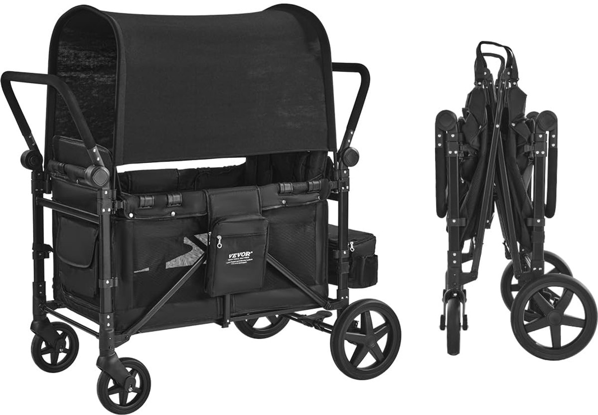 SnelShoppen - VEVOR Opvouwbare Kinderwagen voor 4 Kinderen, Push Pull Quad Kinderwagen met Verstelbare Handvat, 5-punts Veiligheidsharnas, Afneembare