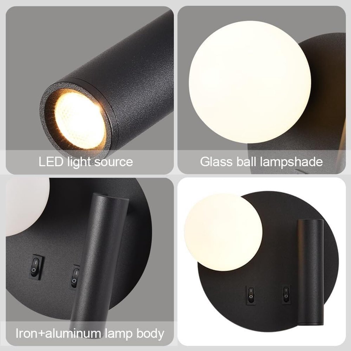 Wandlamp met Leeslamp - Sfeerverlichting Bedlamp - Slaapkamer Verlichten - Verstelbaar Spotje - 15 cm Hoogte - Zwart