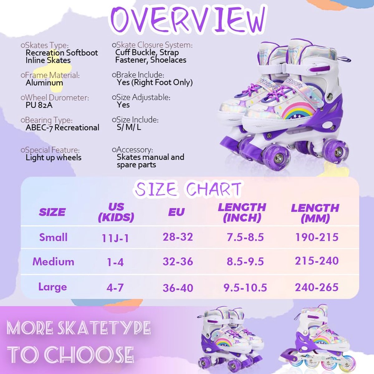 SnelShoppen Rolschaatsen voor Kinderen Meisjes Beginners Verstelbaar in 4 Maten met Lichtgevende Wielen Regenboog Sport Rolschaatsen Medium 3