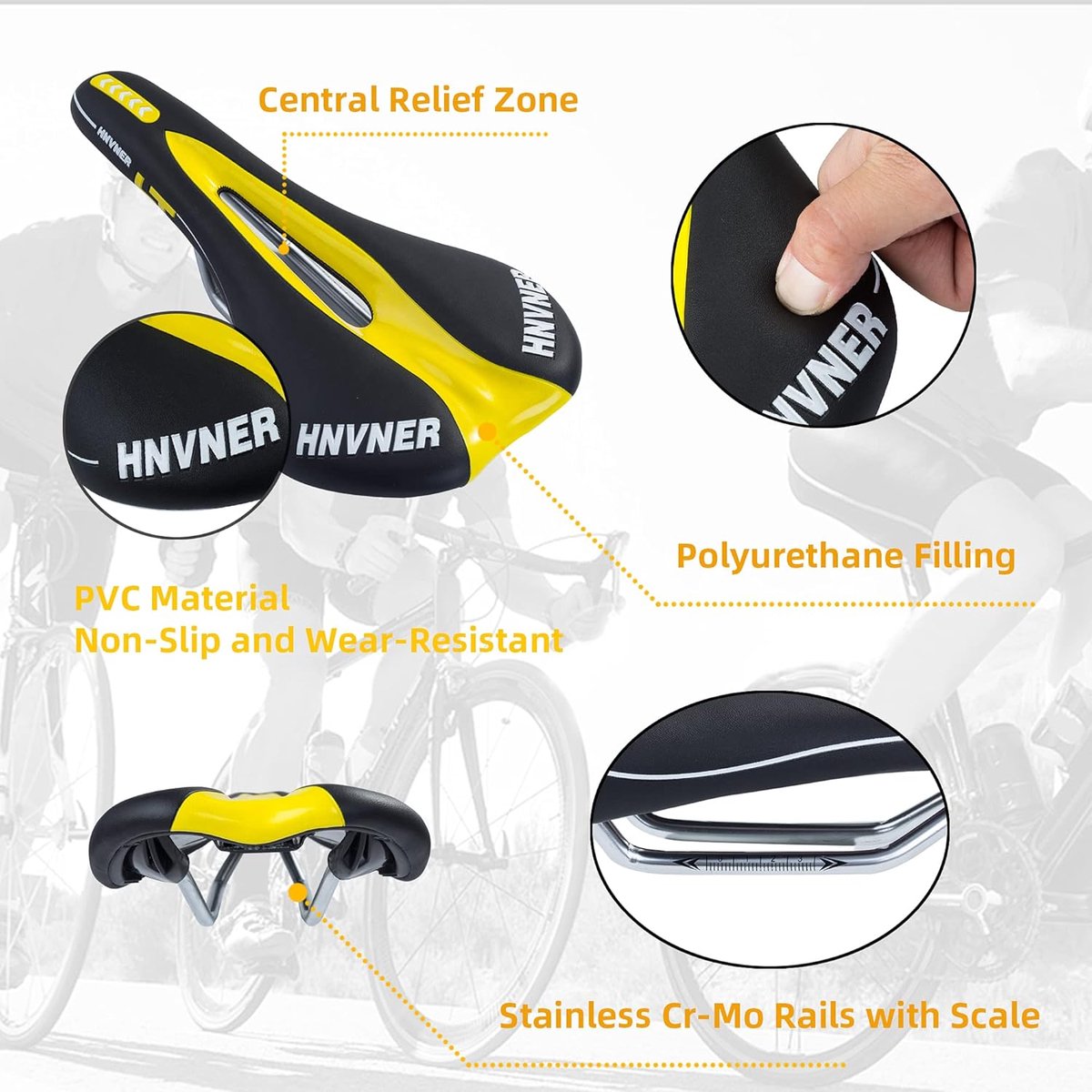 SnelShoppen - Mountainbikestoel met centrale ontlastingszone, ergonomisch fietszadel, traagschuim kussen, ademend zwart geel MTB/hometrainer/racefiets