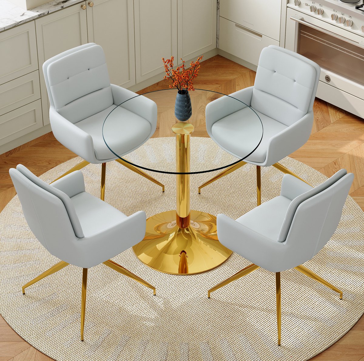 REDOM- Set tafel en stoelen - Ronde eettafel - Glazen tafelblad - Metalen onderstel - 360° draaibare stoelen - Metaal en kunststof - Goud, Lichtgrijs, Transparant - 85 cm