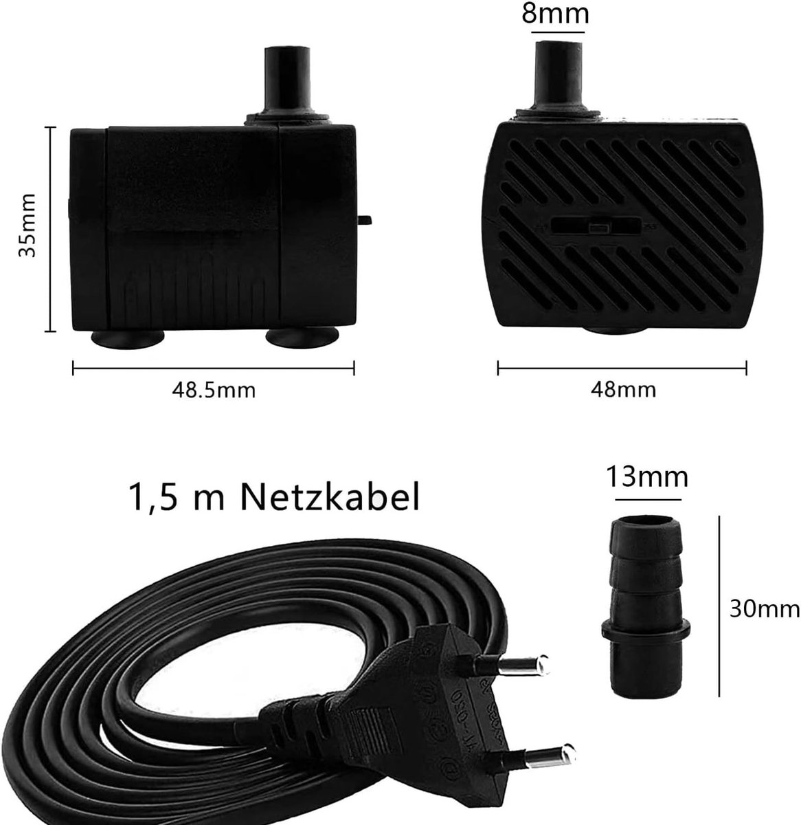 Mini-waterpomp - Zwart - 48 x 48 x 35 mm - Ultrastille Dompelpomp met 1,5 m Netsnoer - Voor Aquarium en Tuin