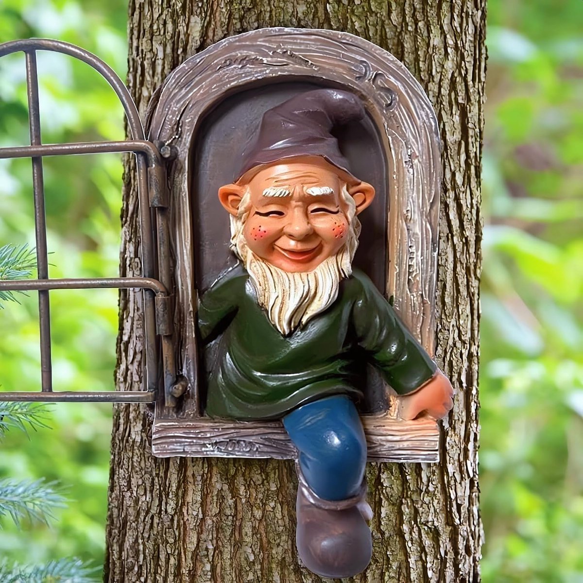 SnelShoppen - Elf uit het Raam Tuinbeeld Hanger, Schattige Tuinelf Gnoom van Polyhars, Weerbestendige Tuindecoratie voor Patio en Grond Ornamenten