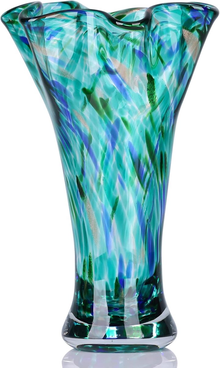 SnelShoppen - Handgeblazen Turquoise Glasvaas voor Bloemen, Elegante Decoratie, Breed Mond, Unieke Centerpiece voor Boekenplank, Eettafel, Kantoor, Ba