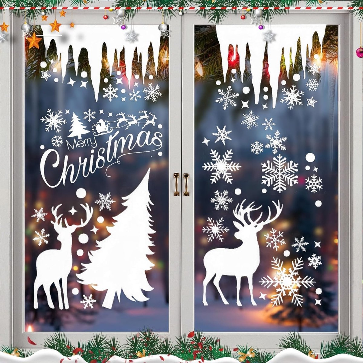 214-delige kerst raamstickers - Dubbelzijdige herbruikbare statische PVC stickers voor kerstdecoratie met rendieren en kerstman voor glazen ramen