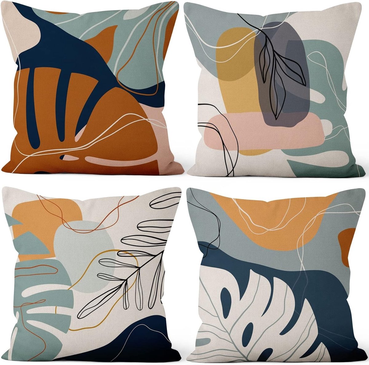 Boho Kussenhoezen 41x41 cm met Botanische Planten en Natuurlijke Bladeren voor Woonkamer, Slaapkamer en Tuin - Set van 4 Katoenen Kussenslopen