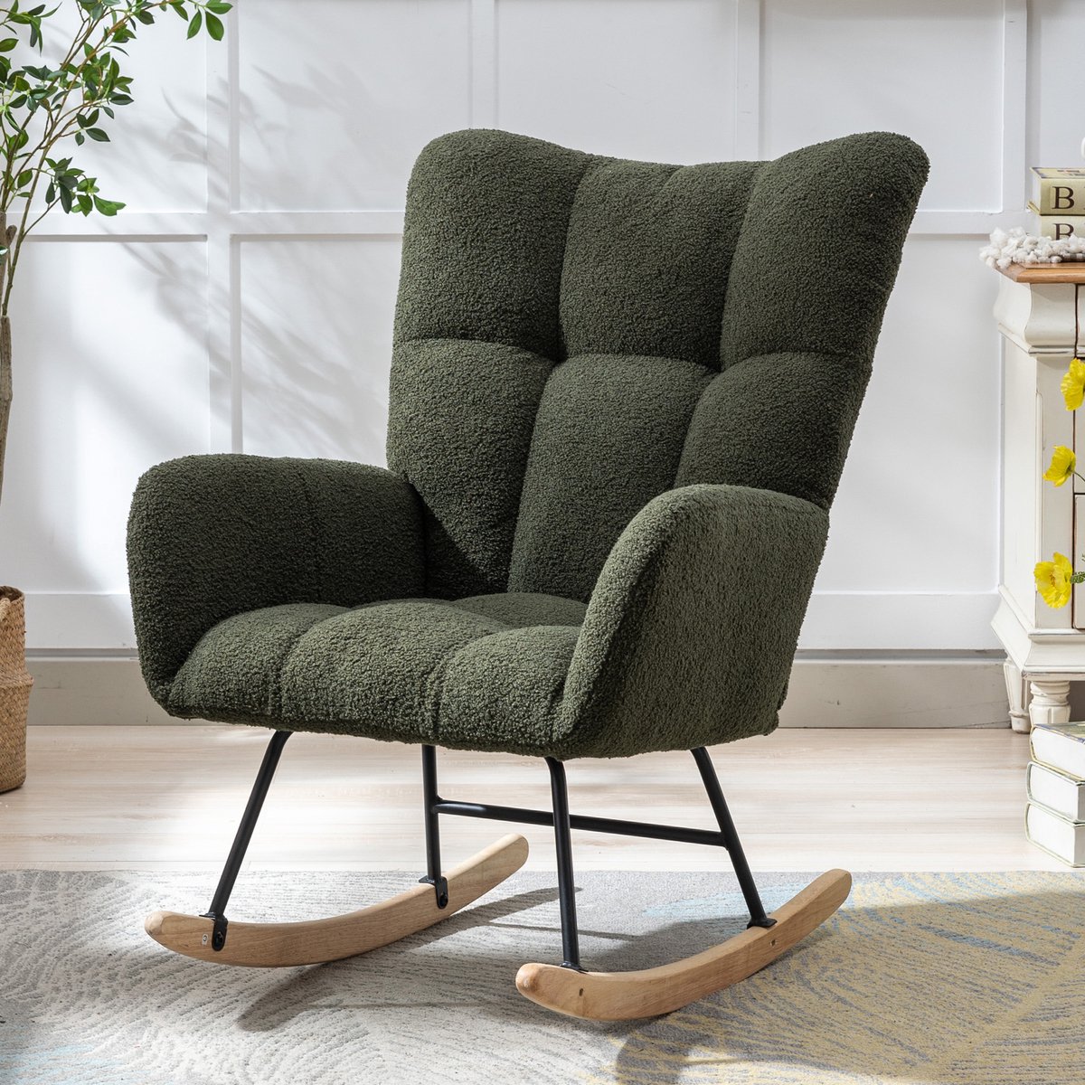 Teddy Schommelstoel - Relaxstoel - Ergonomisch Hoge Rugleuning - Comfortabele Armleuningen - Zachte Vulling - Eenpersoons Fauteuil voor Woonkamer Slaapkamer Babykamer-Donkergroen