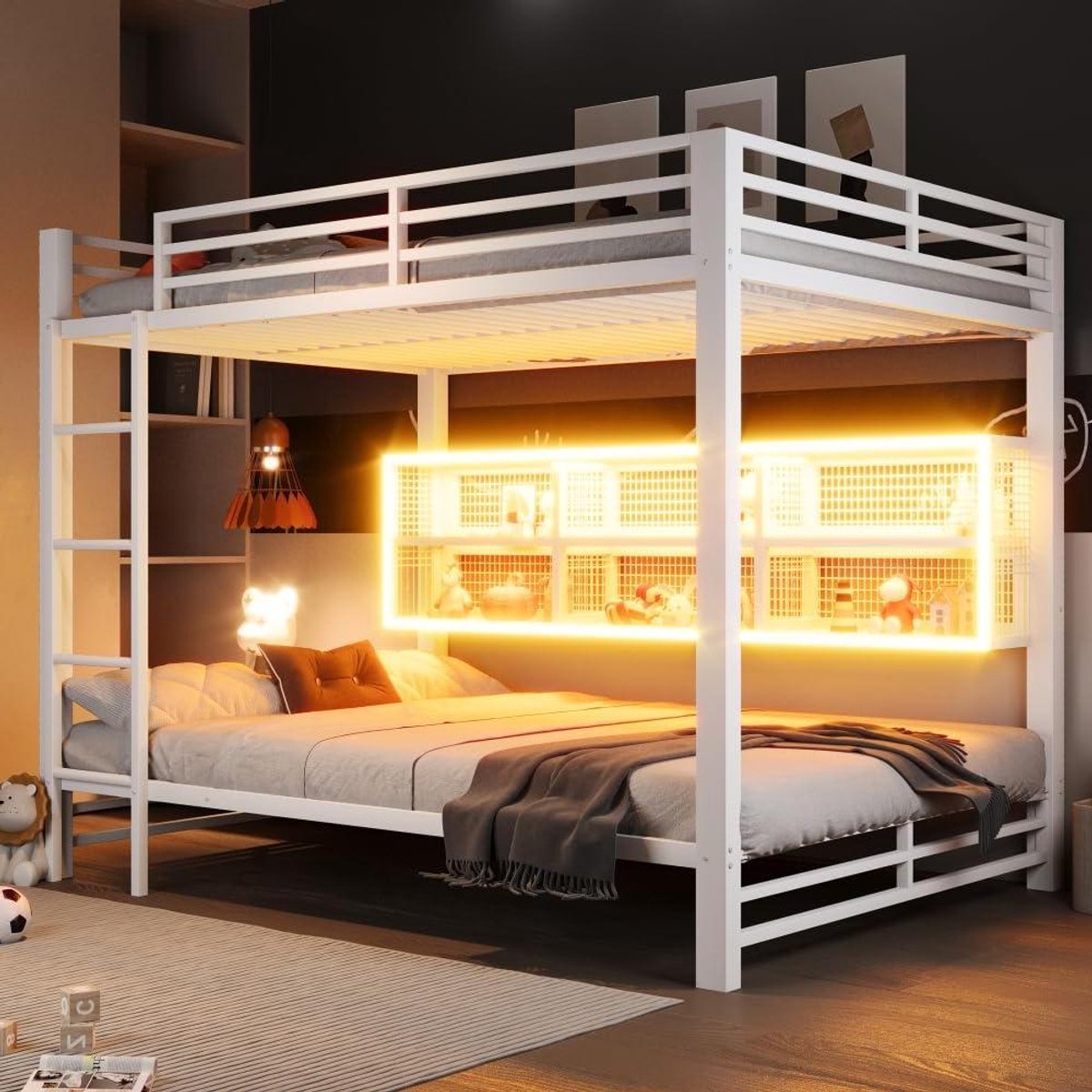 Stapelbed met Ledstrips - Hoogslaper Kinderbed - Kinderkamer Inrichten - Zes Opbergvakken - 140 x 200 cm - Wit