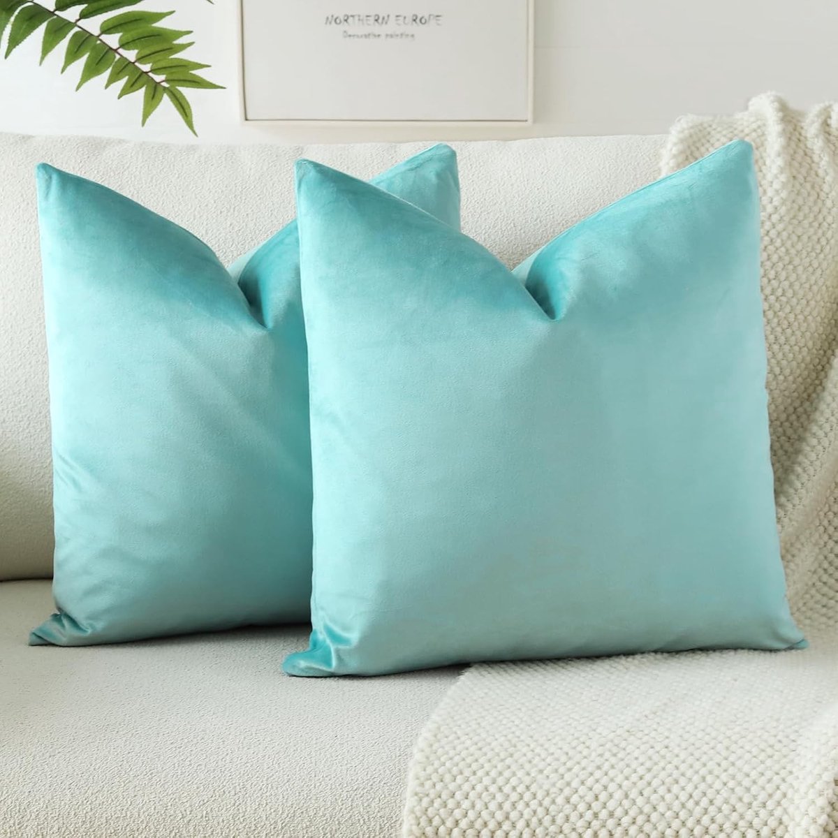 Zachte Velours Kussenhoezen voor Bank, Decoratieve Kussens voor Woonkamer en Slaapkamer, Set van 2, 60 x 60 cm, Lichtblauw en Comfortabel