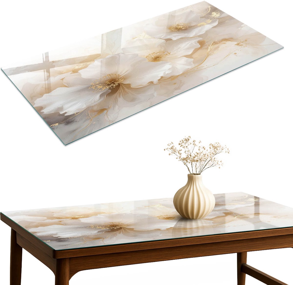 ArtPrintCave Elegante bloemen Glazen Tafelblad 120x60 cm - Tafelblad Rechthoek - Romig Keukentafel - Bloemen en planten Glazen Eettafel