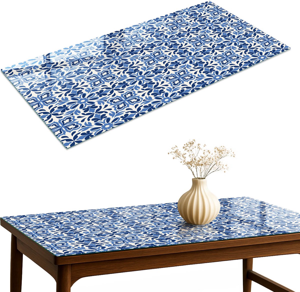 ArtPrintCave Bloemenmozaïek Glazen Tafelblad 140x70 cm - Tafelblad Rechthoek - Blauw Glasplaat - Teksten Bureaublad