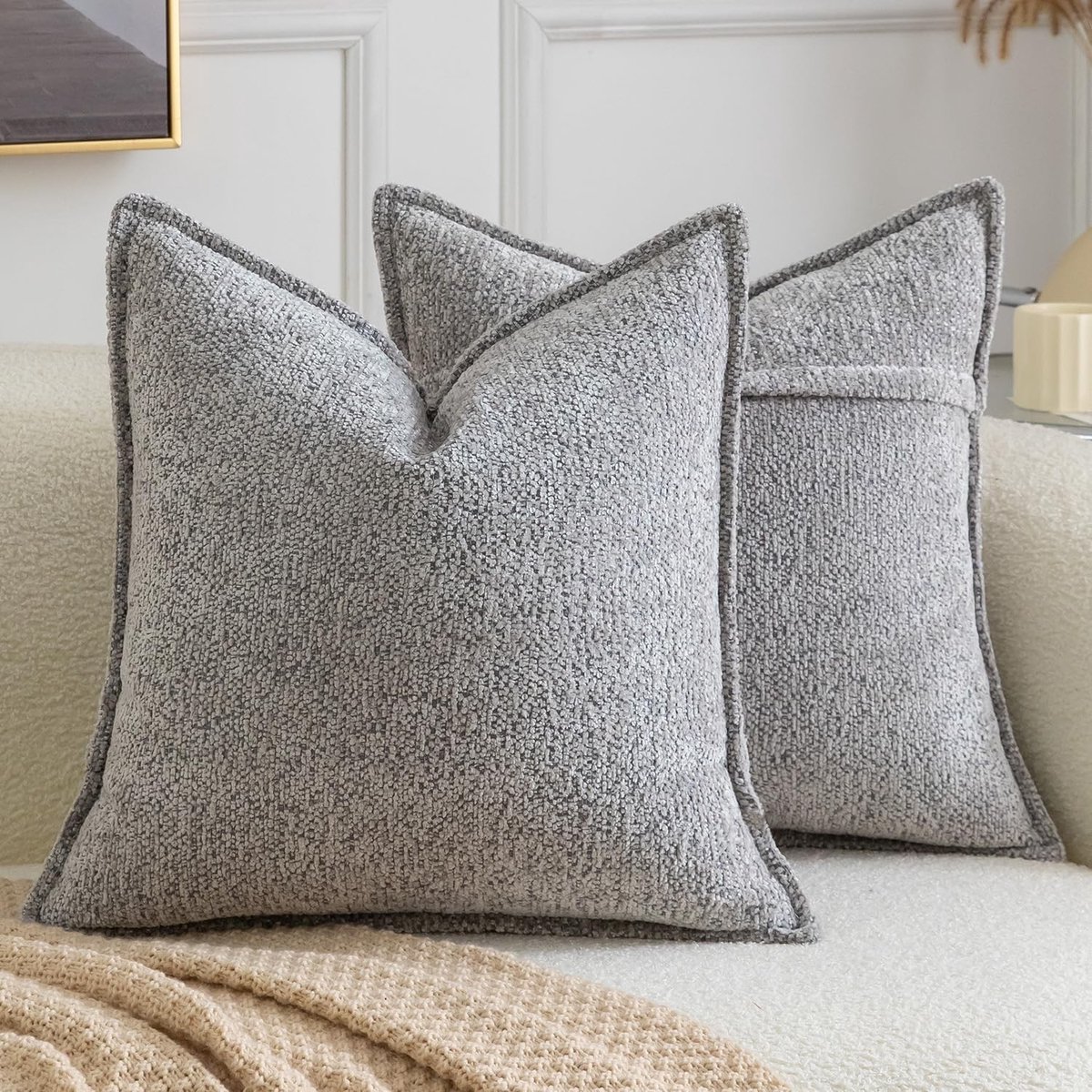 Decoratieve kussenslopen in boho-stijl van zachte chenille, 2 stuks, 40 x 40 cm, grijs, perfect voor bank en slaapkamer, trendy en comfortabel