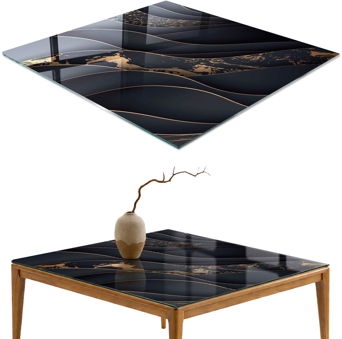 ArtPrintCave Golven van luxe Glazen Tafelblad 60x60 cm - Tafelblad Rechthoek - Zwart Glazen Eettafel - Abstractie Keukentafel