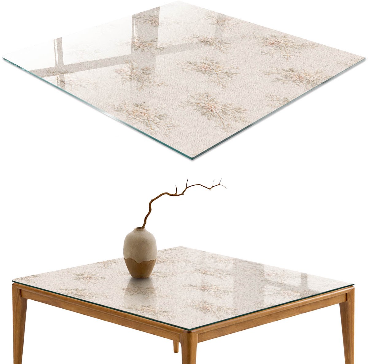 ArtPrintCave Bloemmotieven Glazen Tafelblad 60x60 cm - Tafelblad Rechthoek - Beige Terrastafel - Bloemen en planten Eettafel Met Glasplaat