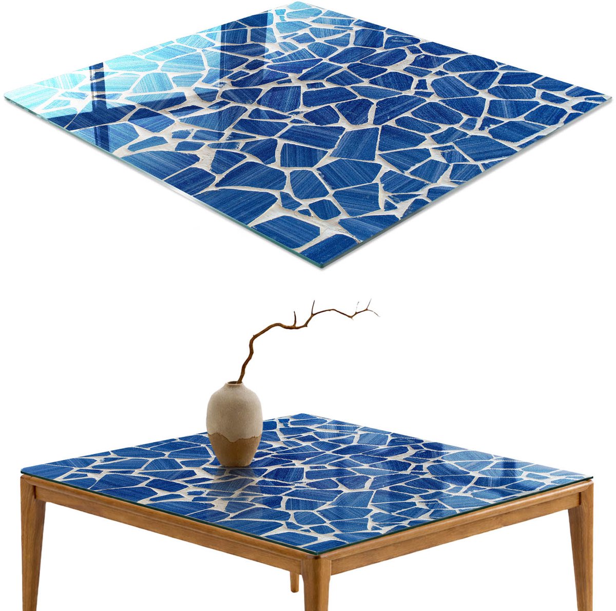 ArtPrintCave Blauw mozaïek Glazen Tafelblad 60x60 cm - Tafelblad Rechthoek - Blauw Keukentafel - Gestructureerd Keukentafel