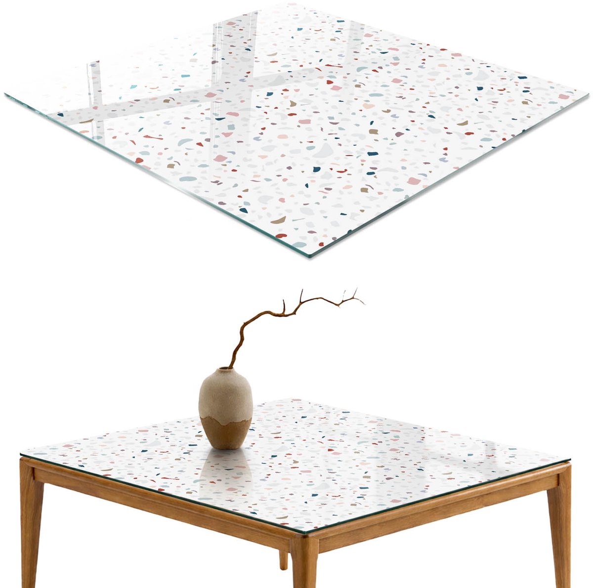 ArtPrintCave Kleurrijk terrazzo Glazen Tafelblad 60x60 cm - Tafelblad Rechthoek - Wit Tafelblad Glas - Achtergronden en patronen Tafelblad Glas