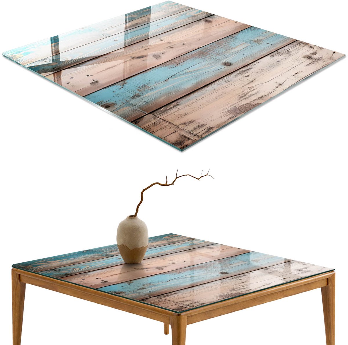 ArtPrintCave Rustiek hout Glazen Tafelblad 60x60 cm - Tafelblad Rechthoek - Turkoois Keukentafel - Texturen Eettafel Met Glasplaat