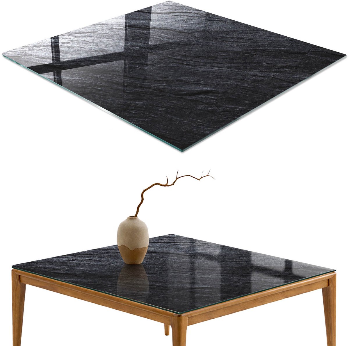 ArtPrintCave Steenstructuur Glazen Tafelblad 60x60 cm - Tafelblad Rechthoek - Zwart Glasplaat - Texturen Keukentafel