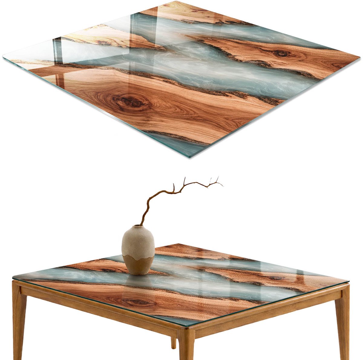 ArtPrintCave Rivier van Hout Glazen Tafelblad - 50x50 cm - Tafelblad Vierkanten - Bruin Terrastafel - Texturen Eettafel Met Glasplaat