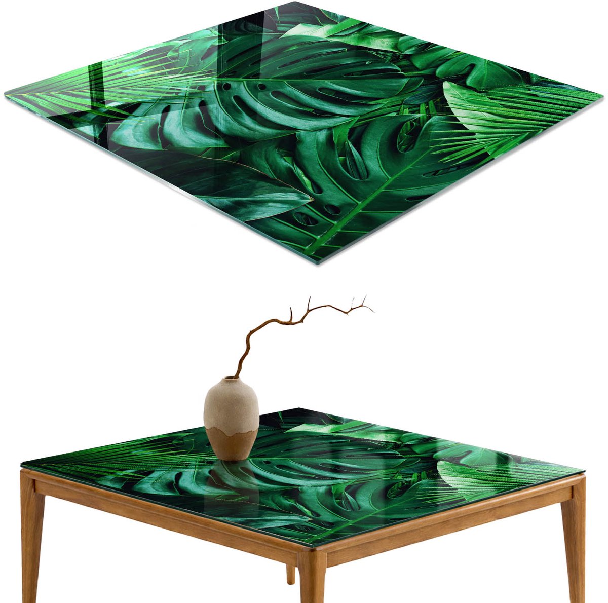 ArtPrintCave Groene bladeren Glazen Tafelblad - 50x50 cm - Tafelblad Vierkanten - Groente Glazen Eettafel - Natuur Eettafel Met Glasplaat