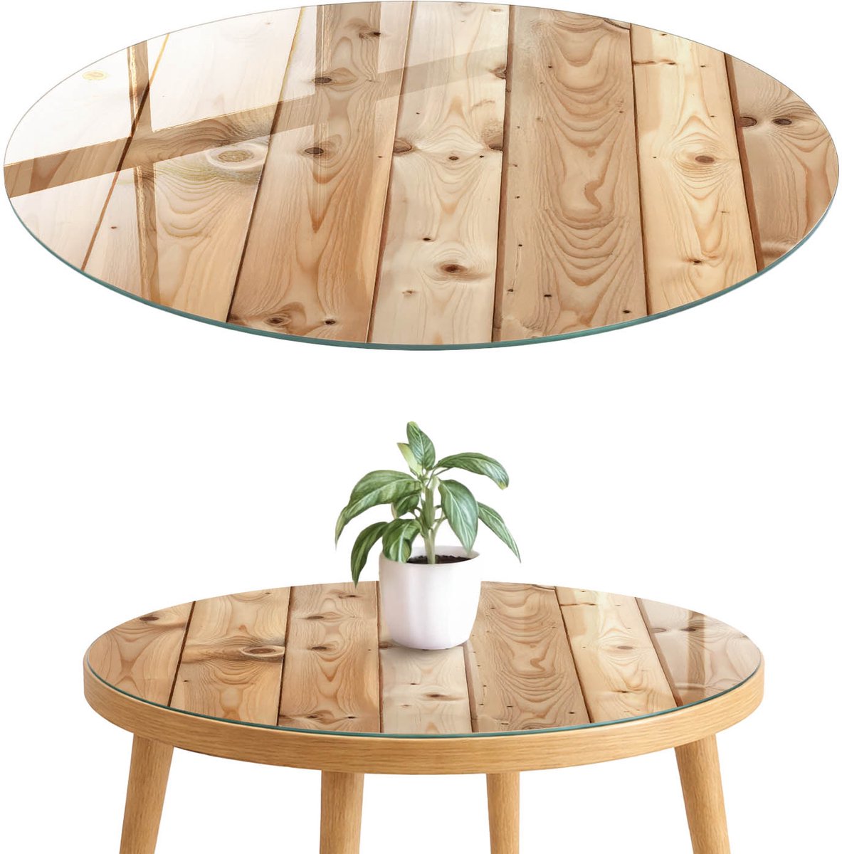ArtPrintCave Warm hout Glazen Tafelblad fi70 cm - Tafelblad Rond - Beige Eettafel Met Glasplaat - Texturen Bureaublad