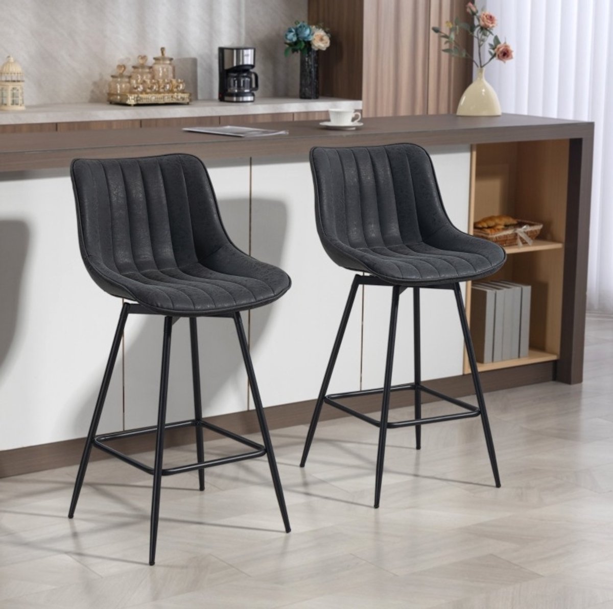 COVREO Barkruk 68 cm zwart, kunstleer met rugleuning, set van 2