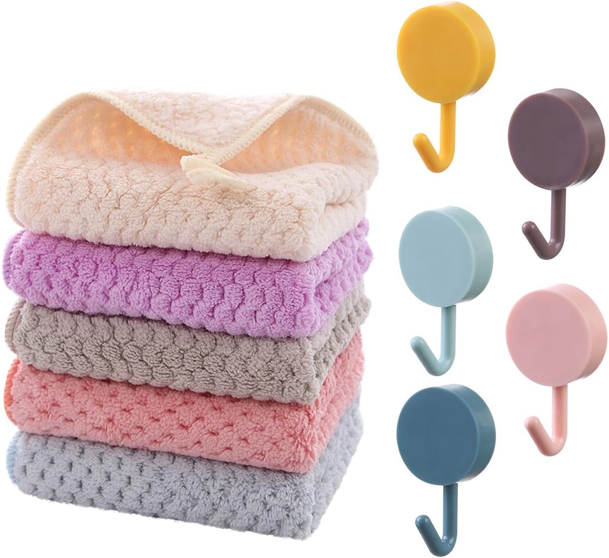 SnelShoppen - 5 Stuks Koraal Velours Vierkante Handdoeken en 5 Stuks Zelfklevende Handdoekhaken, Absorberende Doeken voor Schoonmaak, Handveegt Doeken