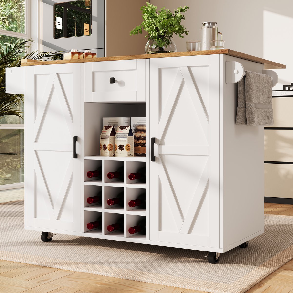Keukeneiland Met Opbergruimte - Keuken Trolley Met Opklapbaar Werkblad, Wijnrek En Snackrek Wit