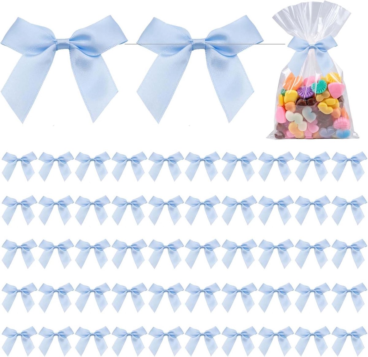 50 Stuks Babyblauwe Satijnen Strikjes, Versieringen voor Cadeaus, Bruiloften en Babyshowers, Perfect voor Schooltassen en Snoepzakjes