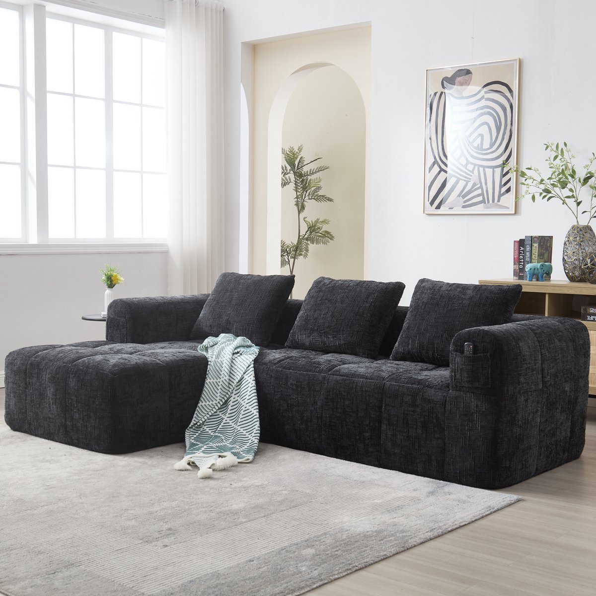 Lounge Hoekbank - Zwarte Chenille Bank 3 Zitplaatsen Met Chaise Longue Zonder Montage