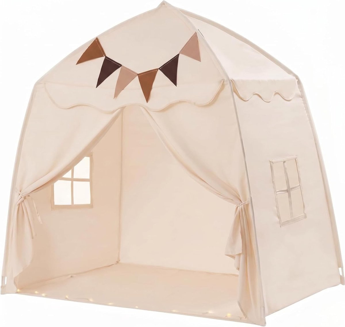 2-in-1 Kinderzelt voor Binnen met LED Verlichting en Decoratie, Speeltent voor Kinderen, Ideaal voor Slaapkamer, Speelruimte en Meisjes en Jongens, Opvouwbare Speeltent in Beige